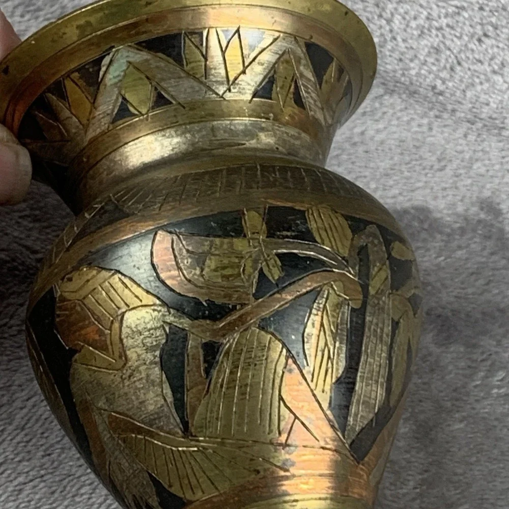 Vintage Mixed Metal Small Vase Egyptian‎ Style Copper Brass 4 Inches Tall Patina